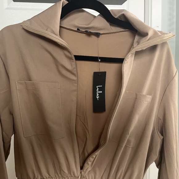 Lulus Versatile Energy Khaki Mock Neck Long Sleeve Utility Mini Dress Brown S - Picture 7 of 8